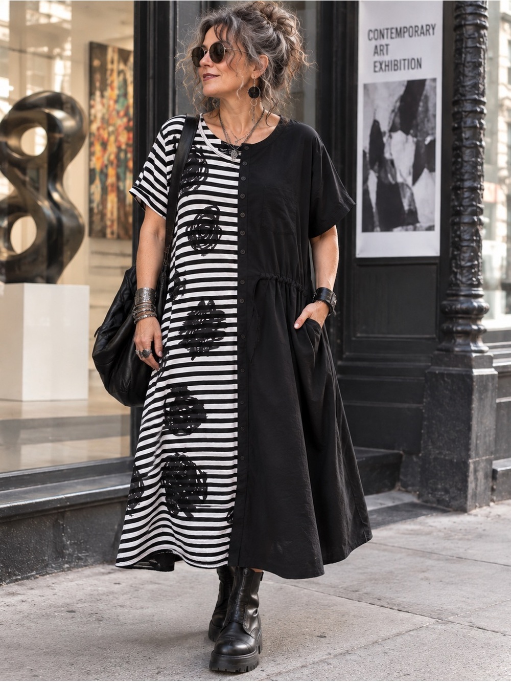 RUNDHOLZ BLACK LABEL Black & White Asymmetrical Striped Dress M Lagenlook Grunge